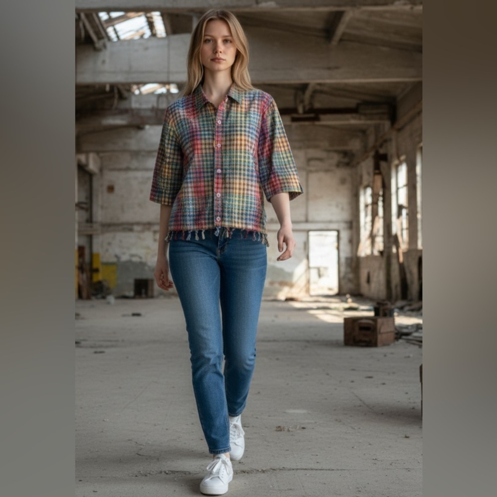 Onque Casuals Women’s Multicolor Plaid Shirt Size L Half Sleeve Tassel Hem